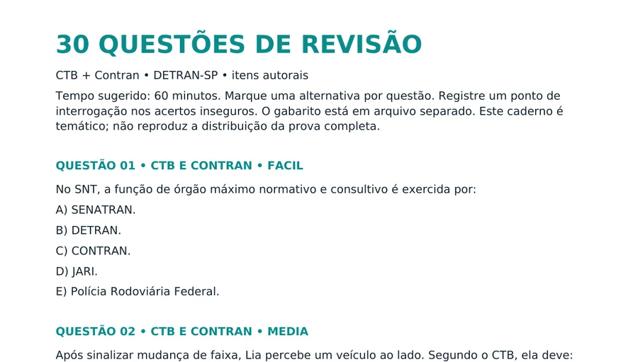 Trecho do caderno de 30 questões